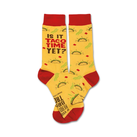  taco time crew socks for men and women feature a fun pattern of red, green, and brown tacos.  
