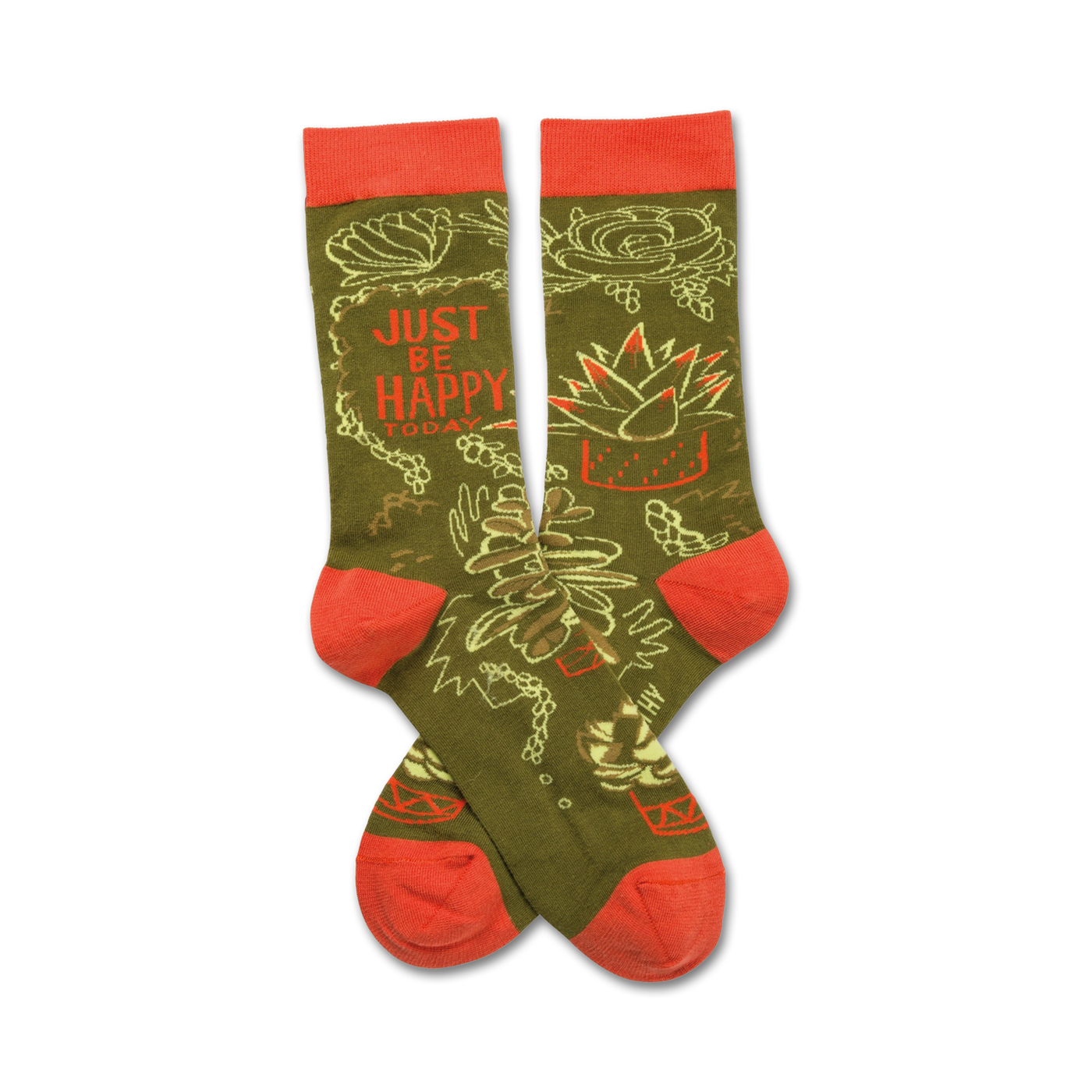 Crew socks in olive green and coral.  The socks feature a design of flowers, plants, and the phrase 'Just Be Happy Today'.