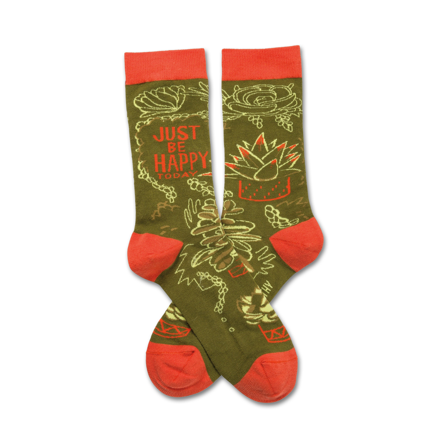 Crew socks in olive green and coral.  The socks feature a design of flowers, plants, and the phrase 'Just Be Happy Today'.