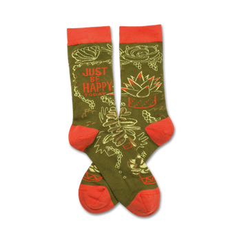 green crew socks with a pattern of desert plants in terracotta pots and the message "just be happy today."  