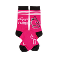 Crew socks in hot pink with black cuffs and toe.  A boxing glove graphic and 'Always A Fighter' text are featured on the sock.