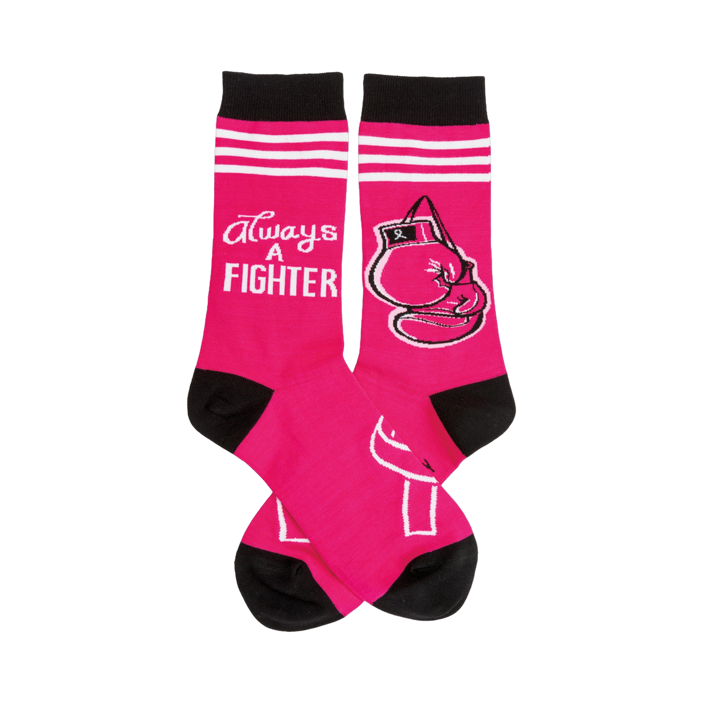 Crew socks in hot pink with black cuffs and toe.  A boxing glove graphic and 'Always A Fighter' text are featured on the sock.