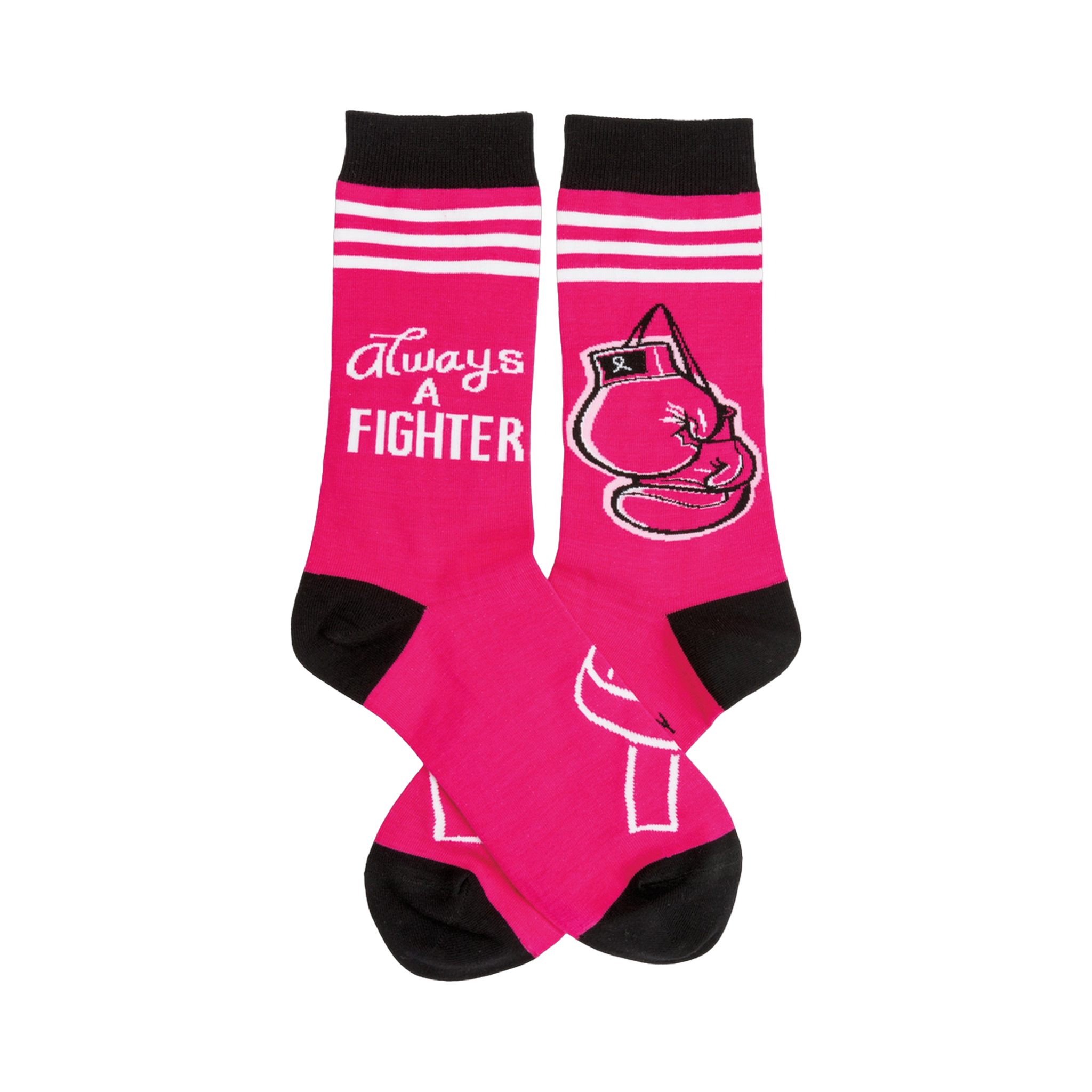 Crew socks in hot pink with black cuffs and toe.  A boxing glove graphic and 'Always A Fighter' text are featured on the sock.