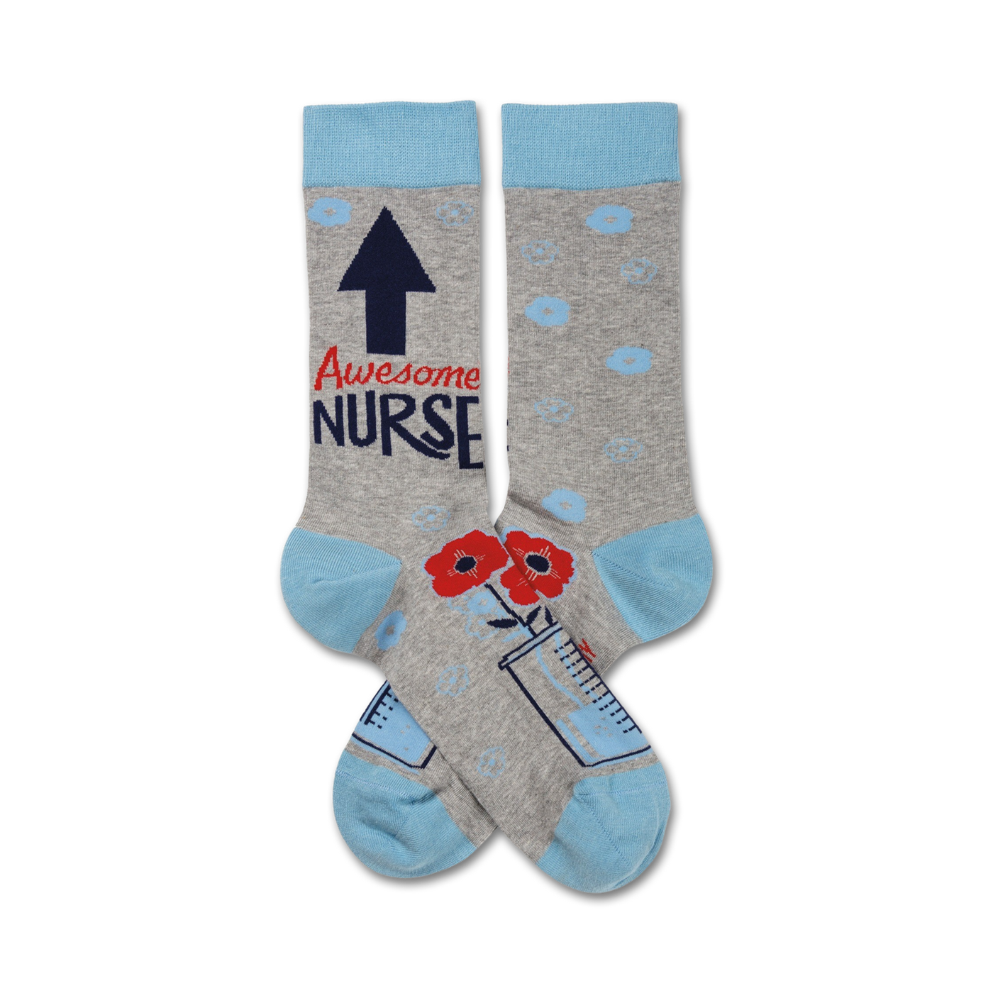 A pair of grey crew socks with light blue cuffs. The socks feature an upward arrow, the words 'Awesome Nurse', red poppies, and a beaker graphic.