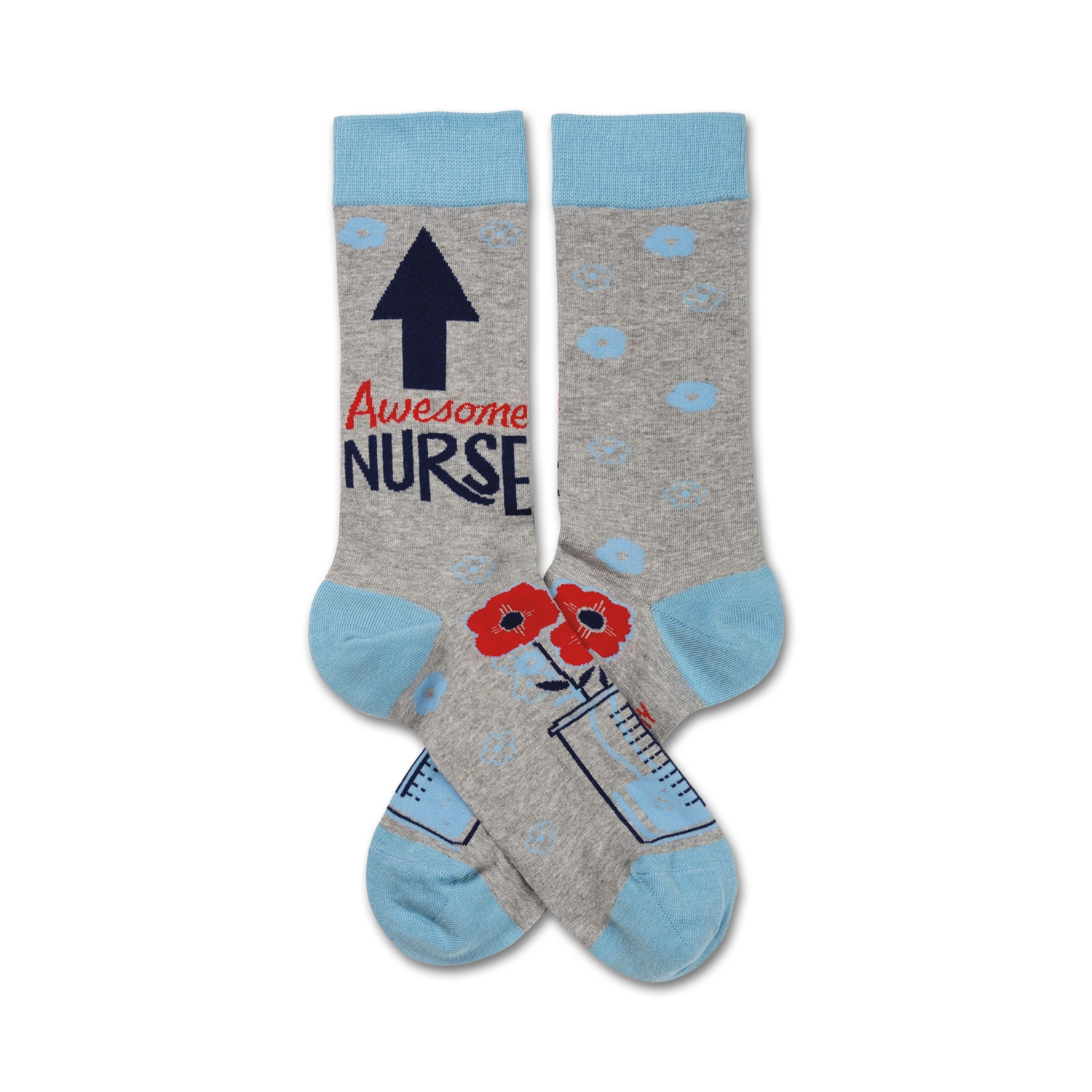 A pair of grey crew socks with light blue cuffs. The socks feature an upward arrow, the words 'Awesome Nurse', red poppies, and a beaker graphic.