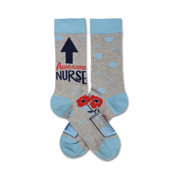 gray women's crew socks with red, blue details. theme is inspirational, with awesome & nurse words.  