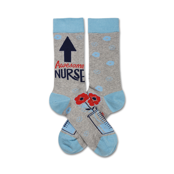 gray women's crew socks with red, blue details. theme is inspirational, with awesome & nurse words.   }}
