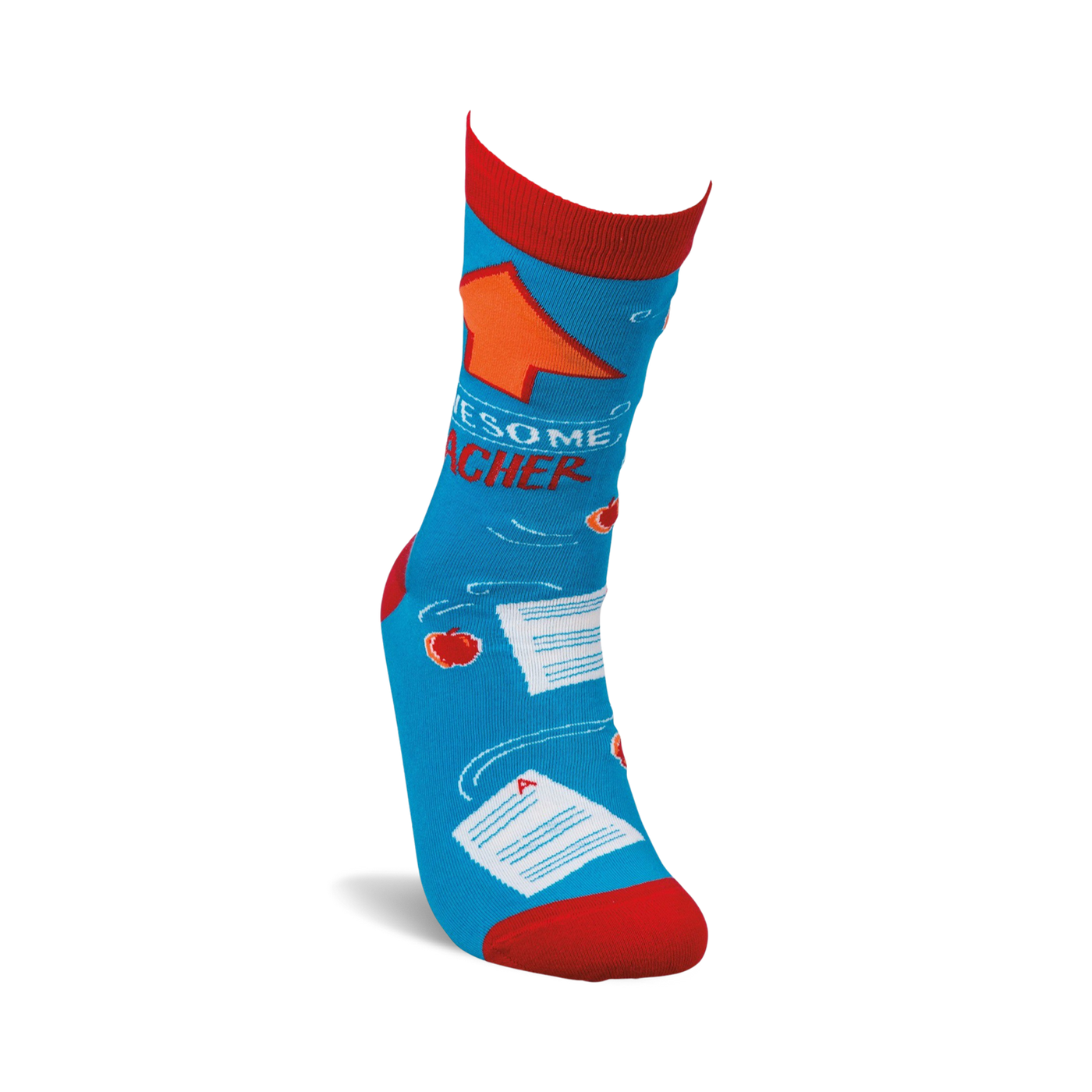 Close-up image of a person wearing one 'Awesome Teacher' sock, showcasing the design details on the leg.