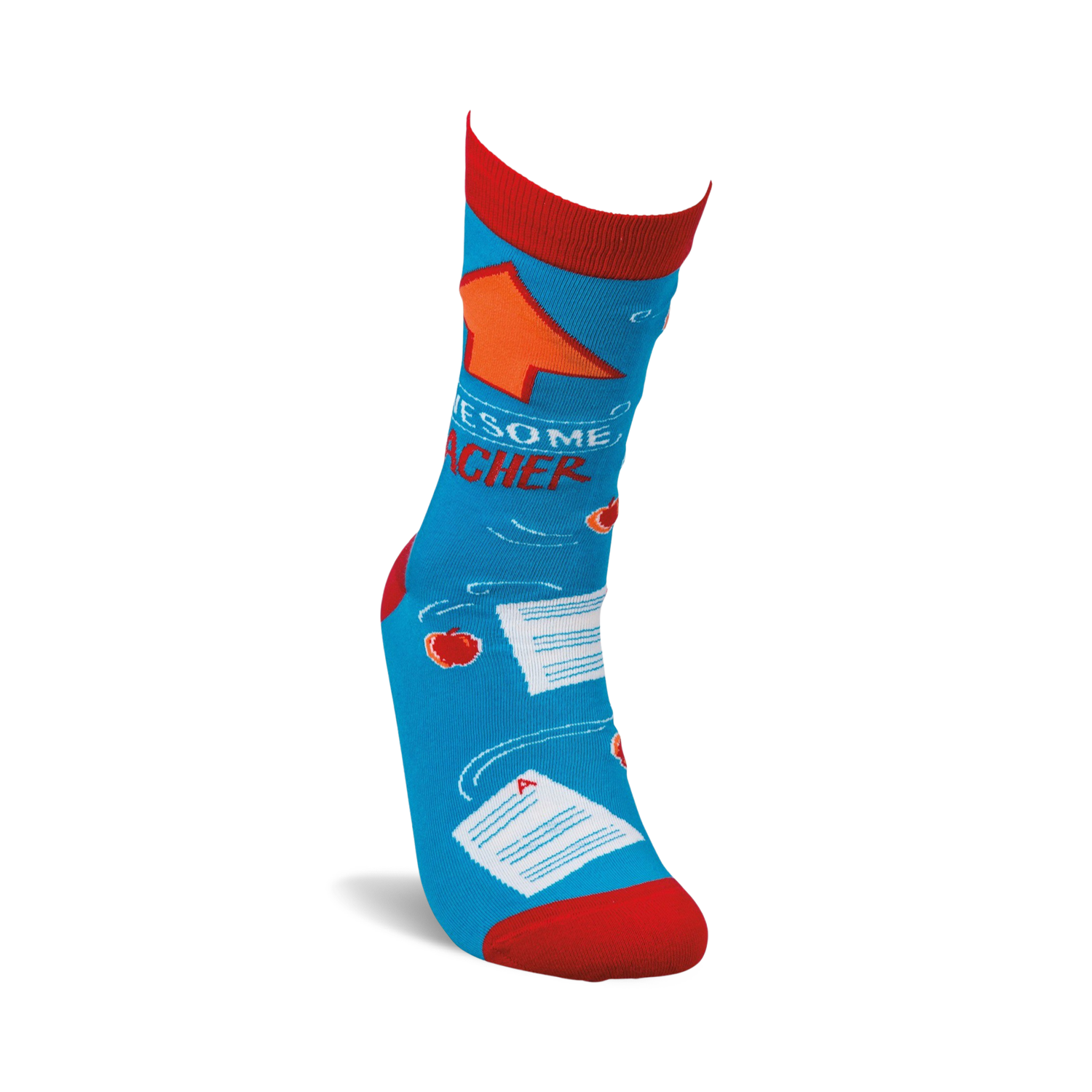 Close-up image of a person wearing one 'Awesome Teacher' sock, showcasing the design details on the leg.
