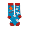 A pair of blue crew socks with red cuffs. The design includes an upward-pointing arrow, the words "Awesome Teacher", apples, and papers with A+ grades.