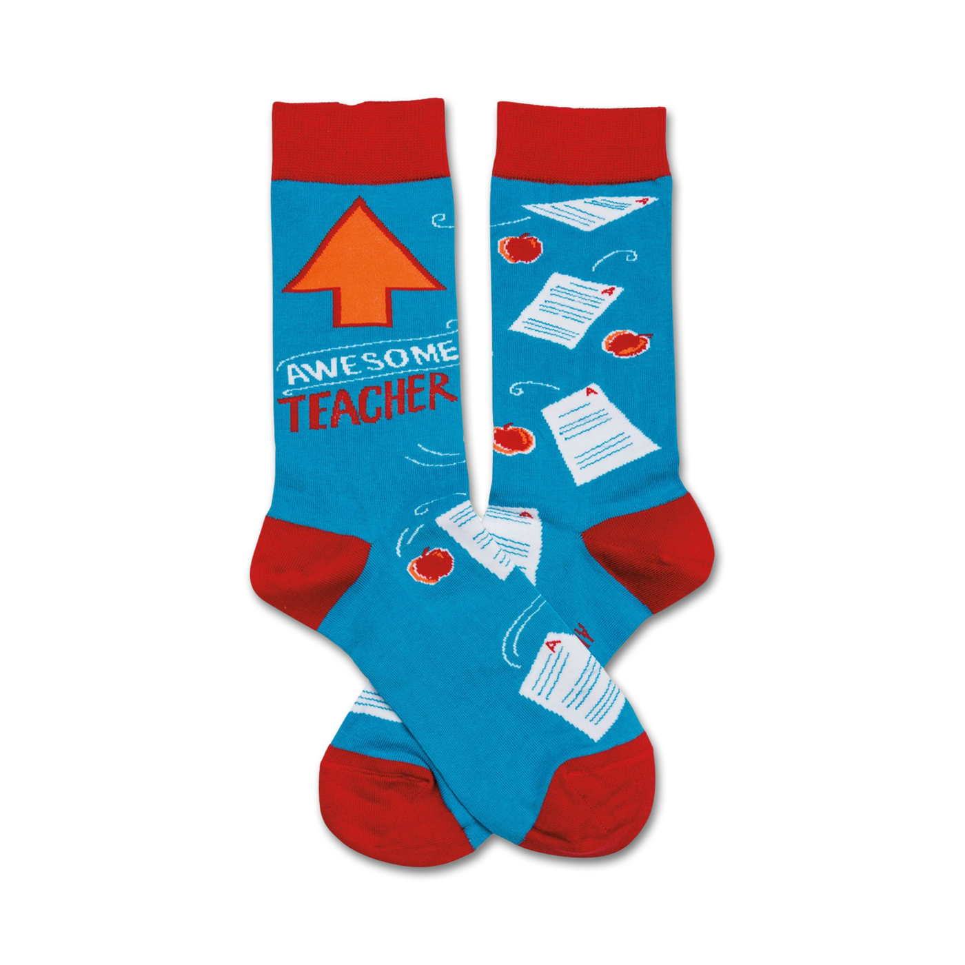 A pair of blue crew socks with red cuffs. The design includes an upward-pointing arrow, the words "Awesome Teacher", apples, and papers with A+ grades.