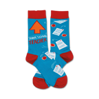 A pair of blue crew socks with red cuffs. The design includes an upward-pointing arrow, the words "Awesome Teacher", apples, and papers with A+ grades.