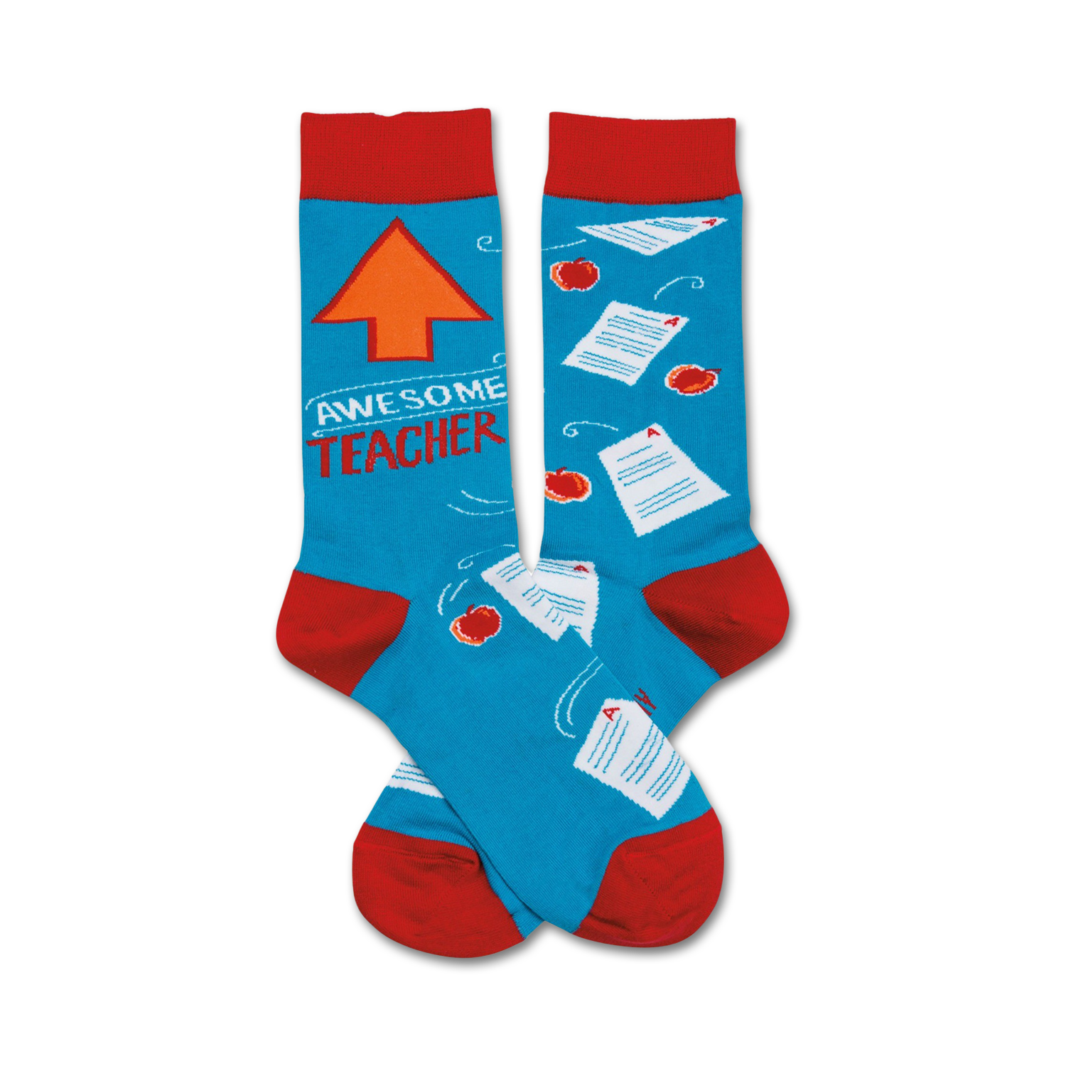 A pair of blue crew socks with red cuffs. The design includes an upward-pointing arrow, the words "Awesome Teacher", apples, and papers with A+ grades.