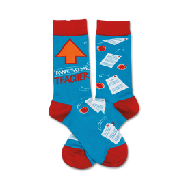 pair of novelty socks celebrates teachers with pattern of red apples and 'a' papers. crew length, one size fits most for men and women.   