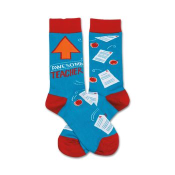 pair of novelty socks celebrates teachers with pattern of red apples and 'a' papers. crew length, one size fits most for men and women.   