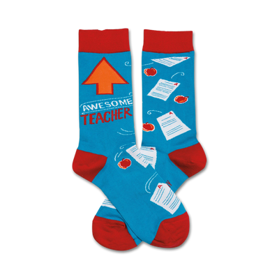 pair of novelty socks celebrates teachers with pattern of red apples and 'a' papers. crew length, one size fits most for men and women.   