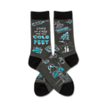 A pair of grey crew socks with a fun wedding theme. Turquoise accents highlight phrases and images like a wedding cake, rings, and champagne glasses.