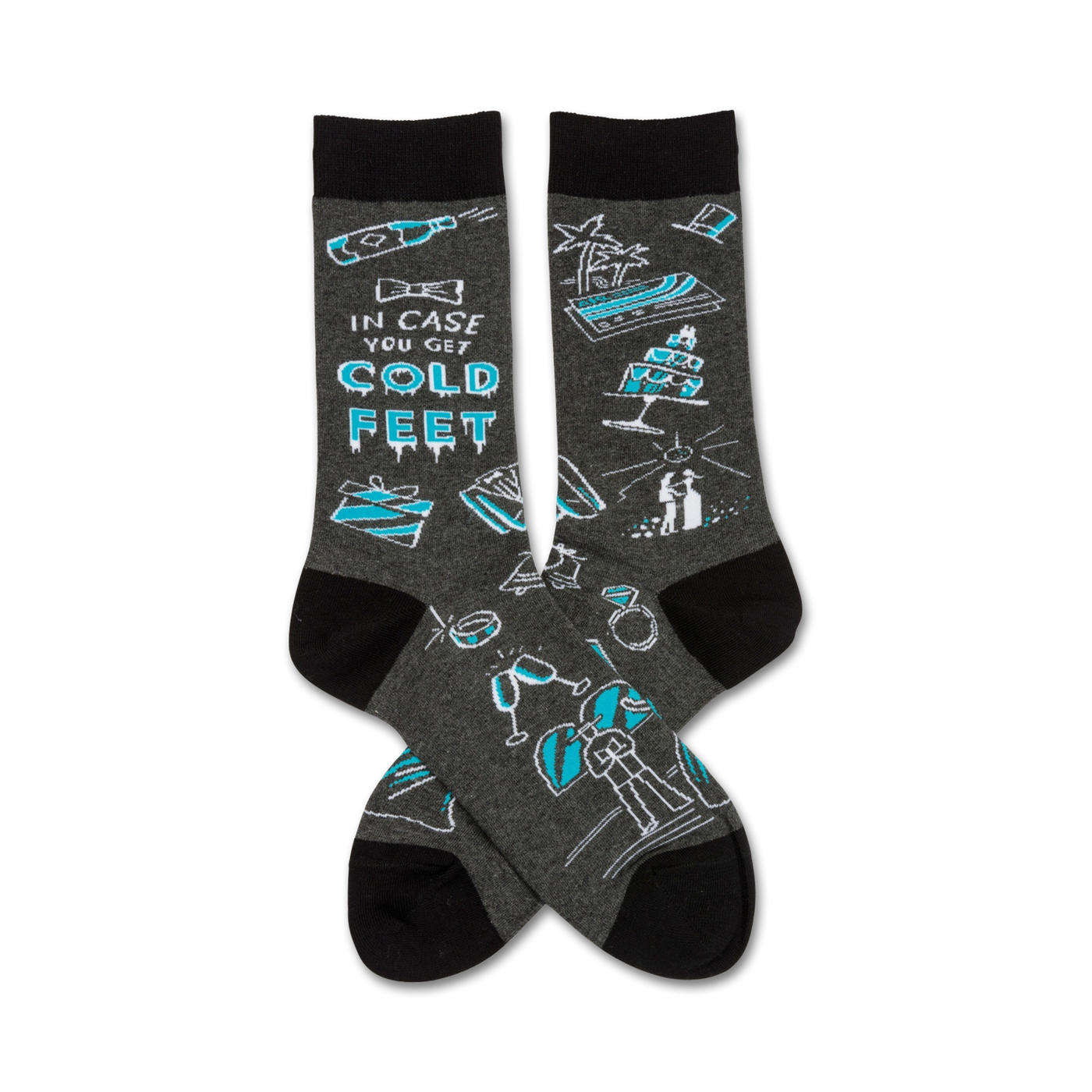 A pair of grey crew socks with a fun wedding theme. Turquoise accents highlight phrases and images like a wedding cake, rings, and champagne glasses.