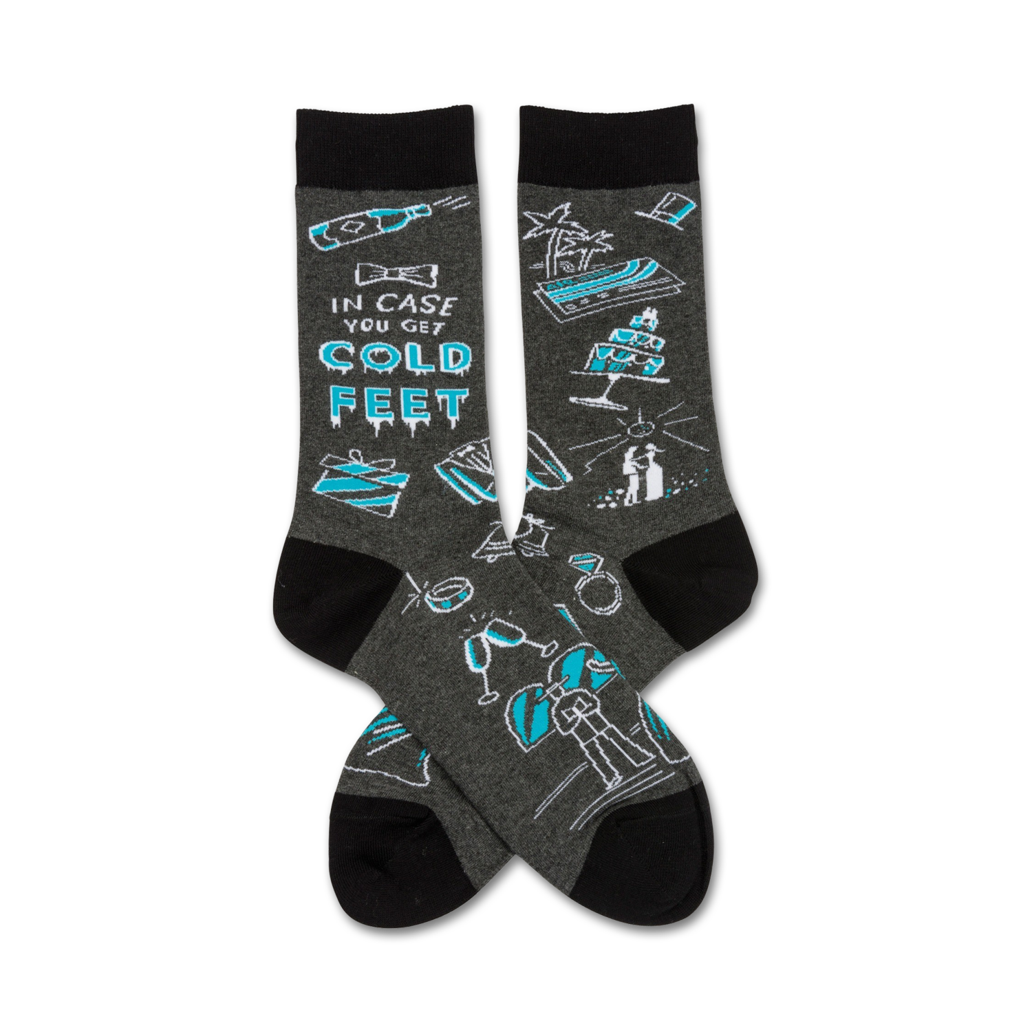A pair of grey crew socks with a fun wedding theme. Turquoise accents highlight phrases and images like a wedding cake, rings, and champagne glasses.