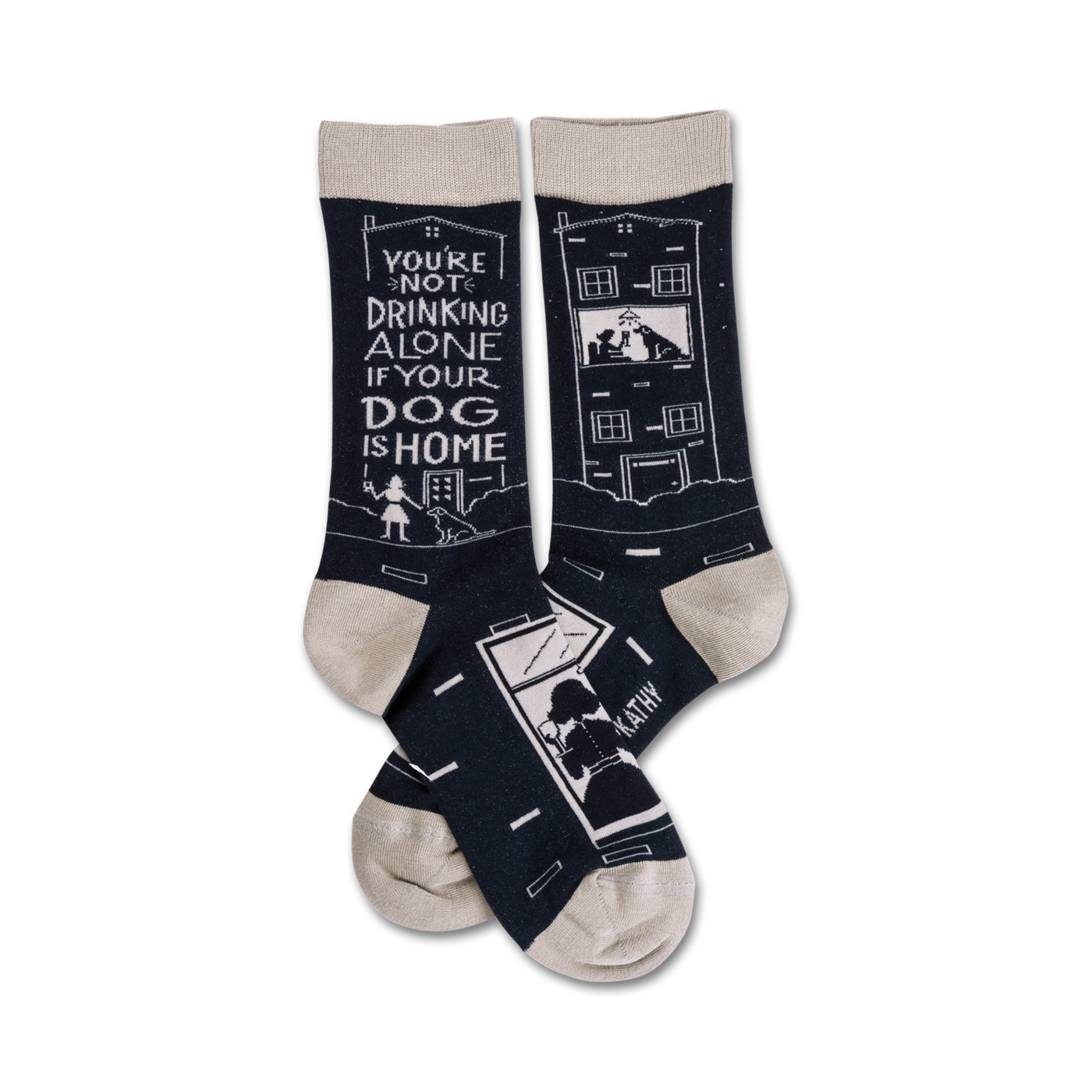 Pair of navy blue crew socks with a beige cuff. The socks feature a witty saying and illustrations of a house and dog.