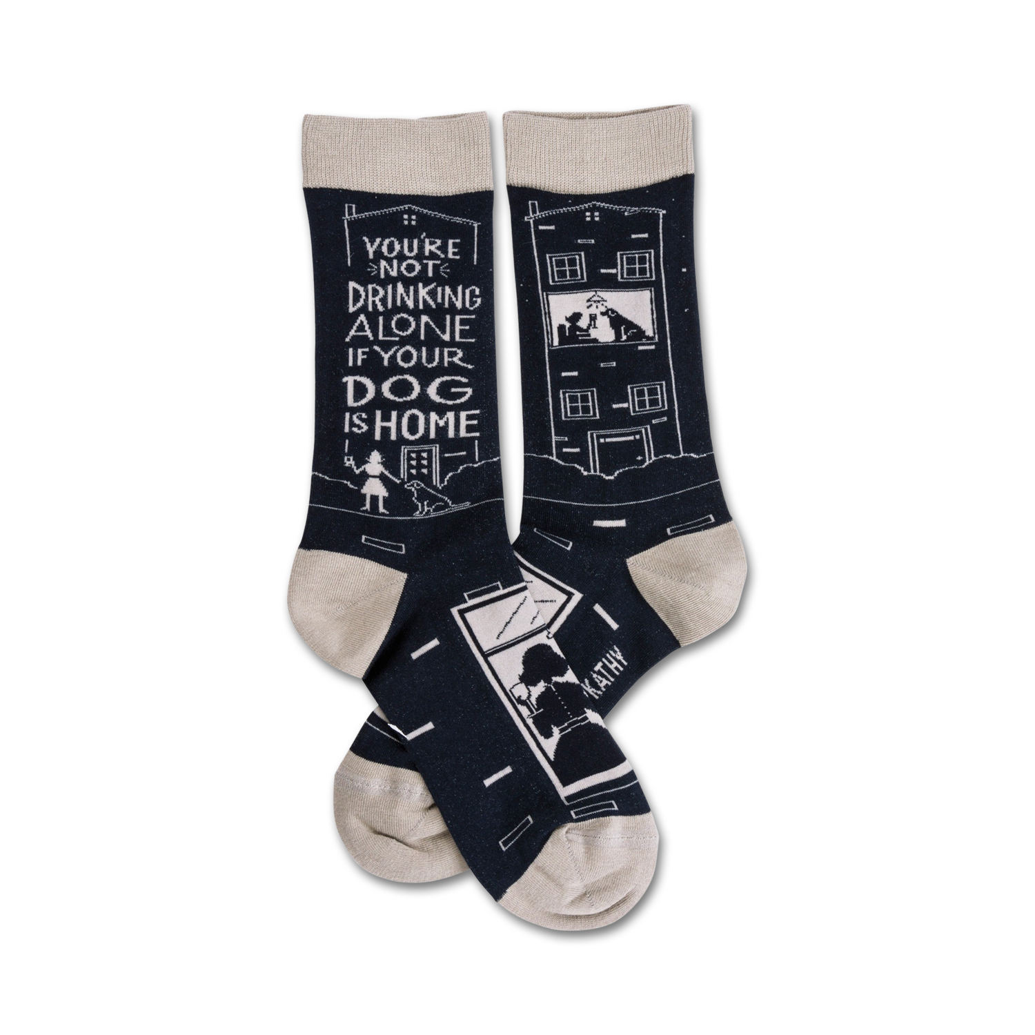 Pair of navy blue crew socks with a beige cuff. The socks feature a witty saying and illustrations of a house and dog.
