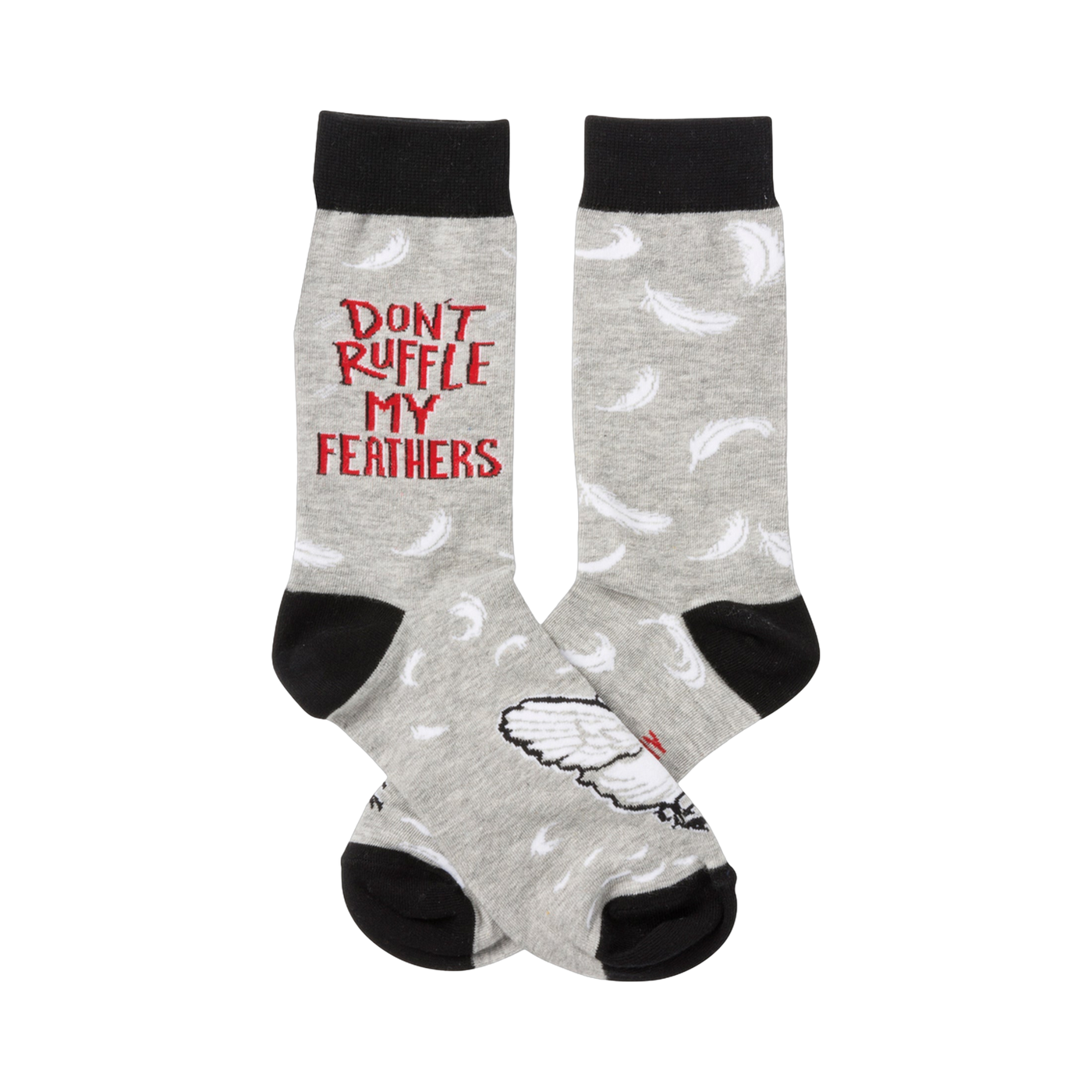 A pair of grey crew socks with a white feather pattern and 'Don't Ruffle My Feathers' in red lettering. The socks also feature a small bird graphic.