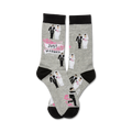 Pair of grey crew socks with black cuffs. Features repeating pattern of cartoon bride and groom illustrations and a 'Just Married' banner.