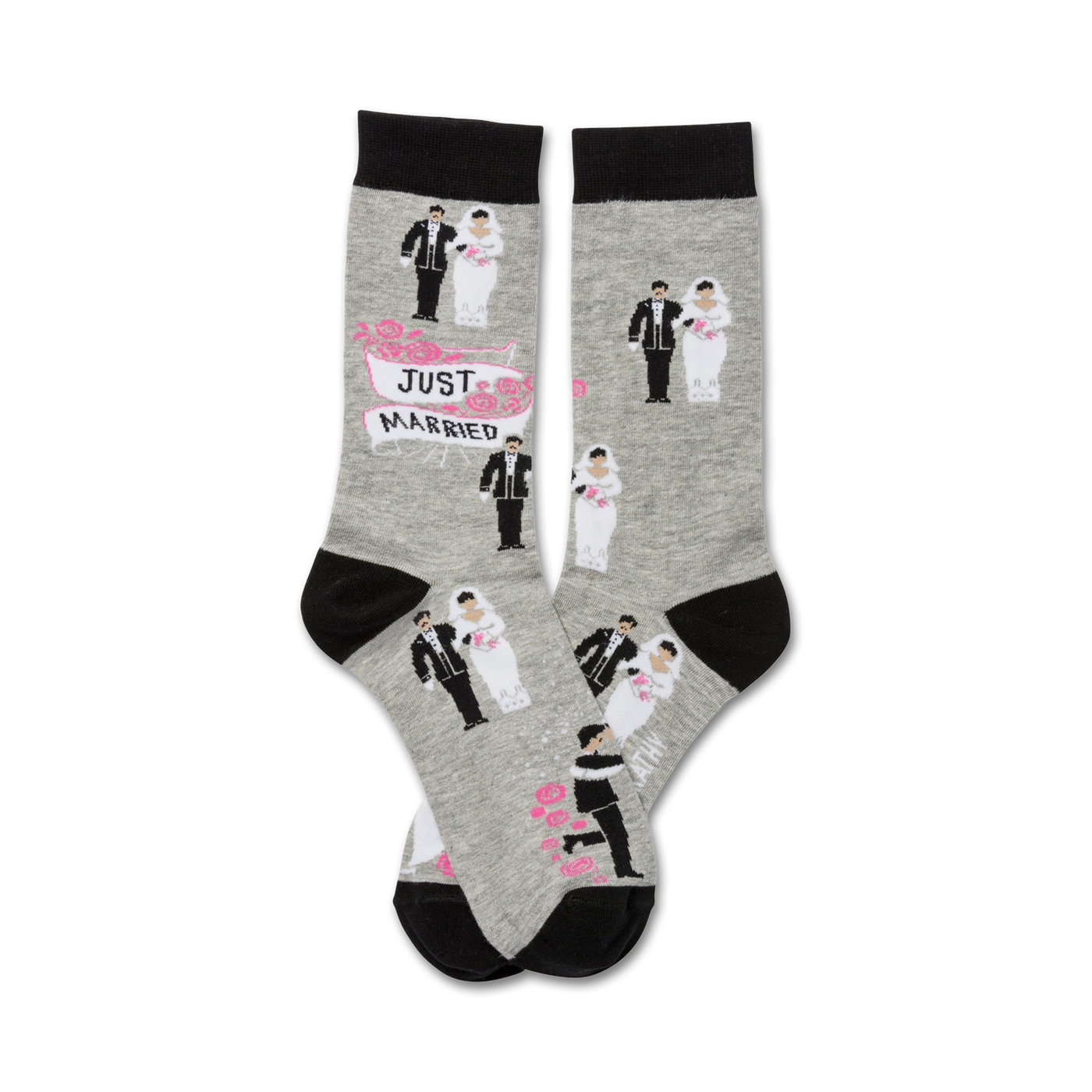 Pair of grey crew socks with black cuffs. Features repeating pattern of cartoon bride and groom illustrations and a 'Just Married' banner.