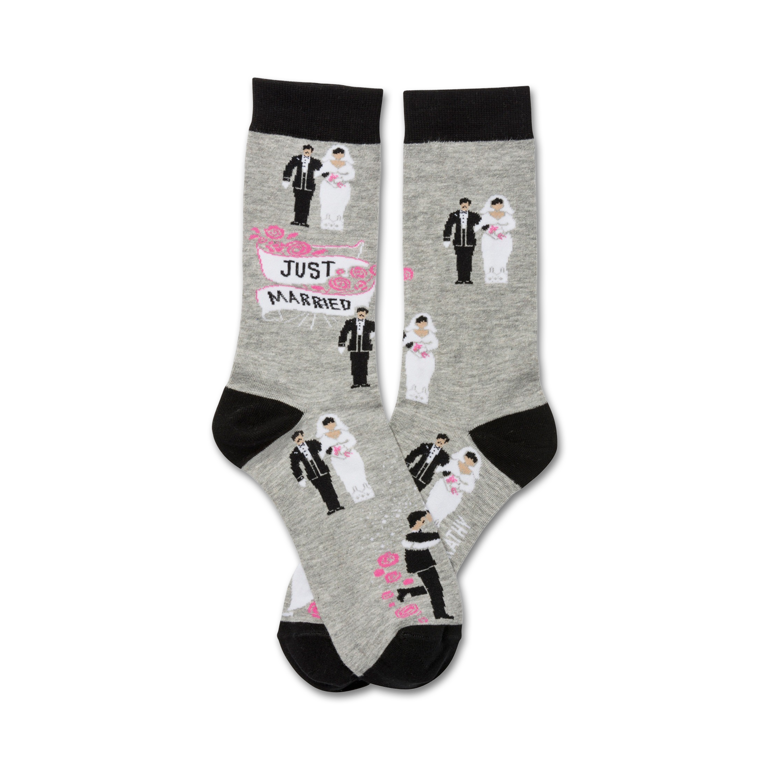 Pair of grey crew socks with black cuffs. Features repeating pattern of cartoon bride and groom illustrations and a 'Just Married' banner.
