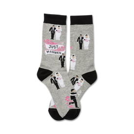 gray and black crew socks for women with cartoon newlyweds and 'just married' text.  