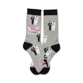 just married wedding themed womens grey novelty crew socks