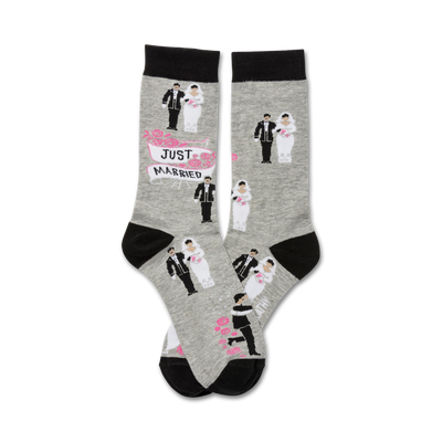 gray and black crew socks for women with cartoon newlyweds and 'just married' text.  