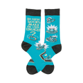 Crew socks in turquoise with gray cuffs.  The design features cartoon rings, diamonds, and the text 'Do these socks make me look engaged?'