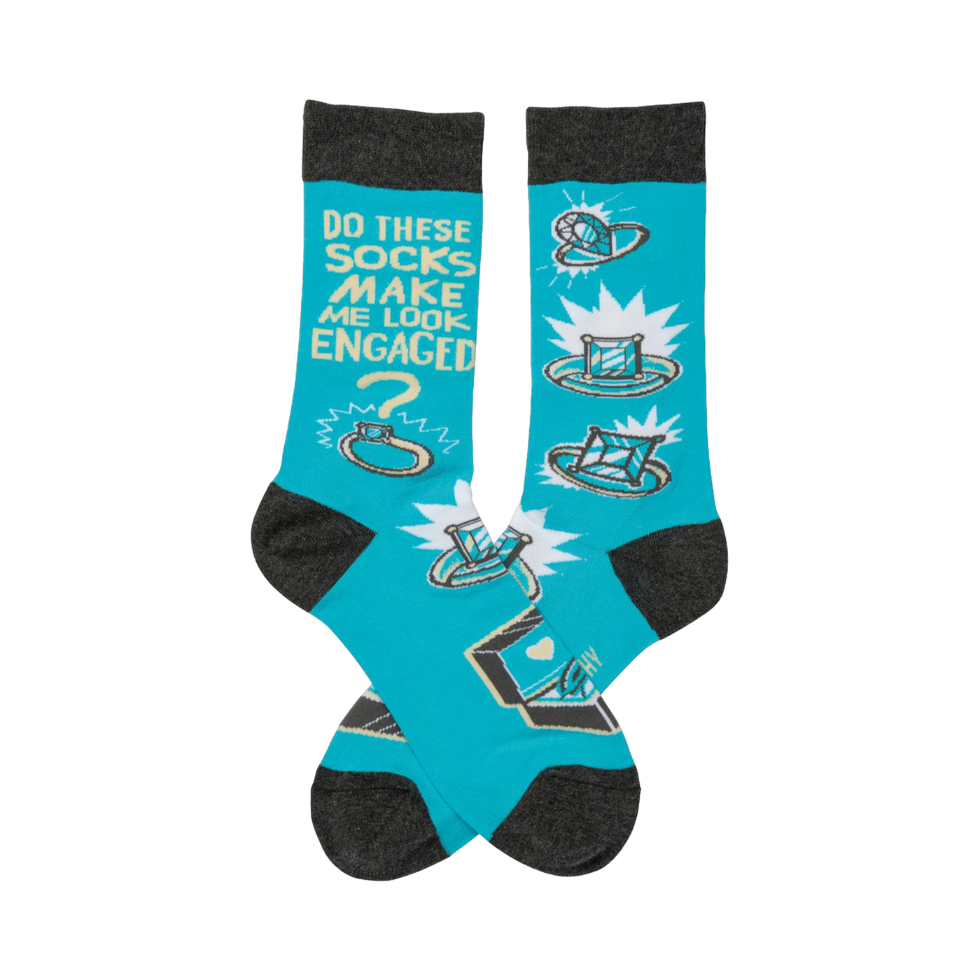 Crew socks in turquoise with gray cuffs.  The design features cartoon rings, diamonds, and the text 'Do these socks make me look engaged?'