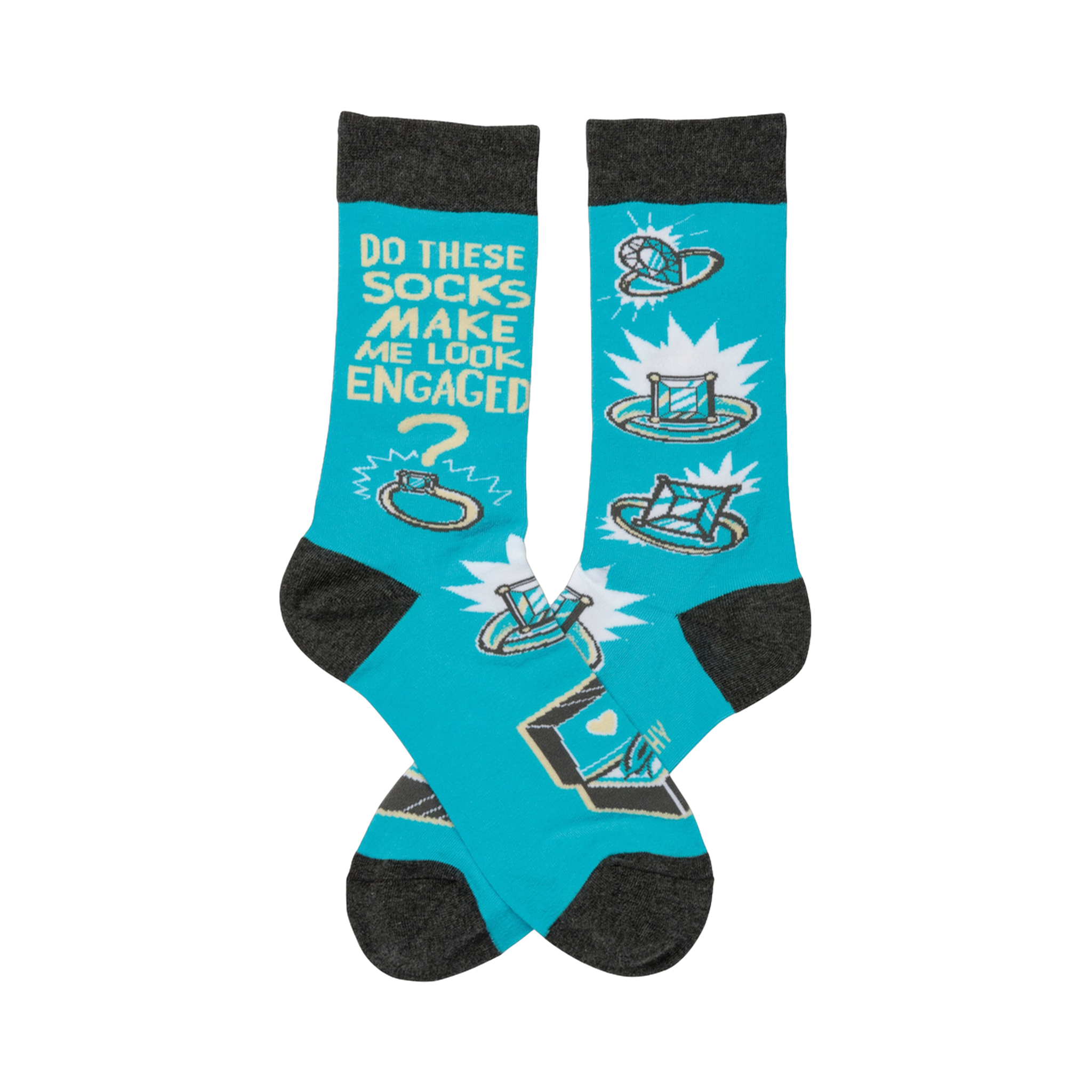 Crew socks in turquoise with gray cuffs.  The design features cartoon rings, diamonds, and the text 'Do these socks make me look engaged?'