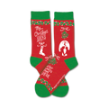 Red and green crew socks with Christmas designs: mistletoe, a kissing couple, and the phrase 'My Christmas Socks'.