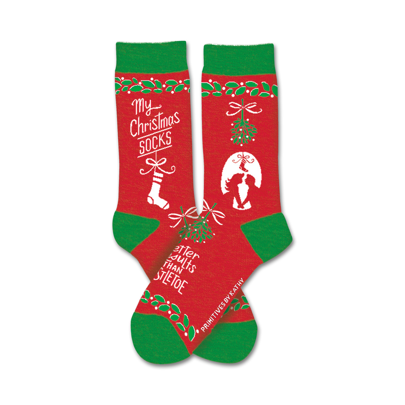 Red and green crew socks with Christmas designs: mistletoe, a kissing couple, and the phrase 'My Christmas Socks'.
