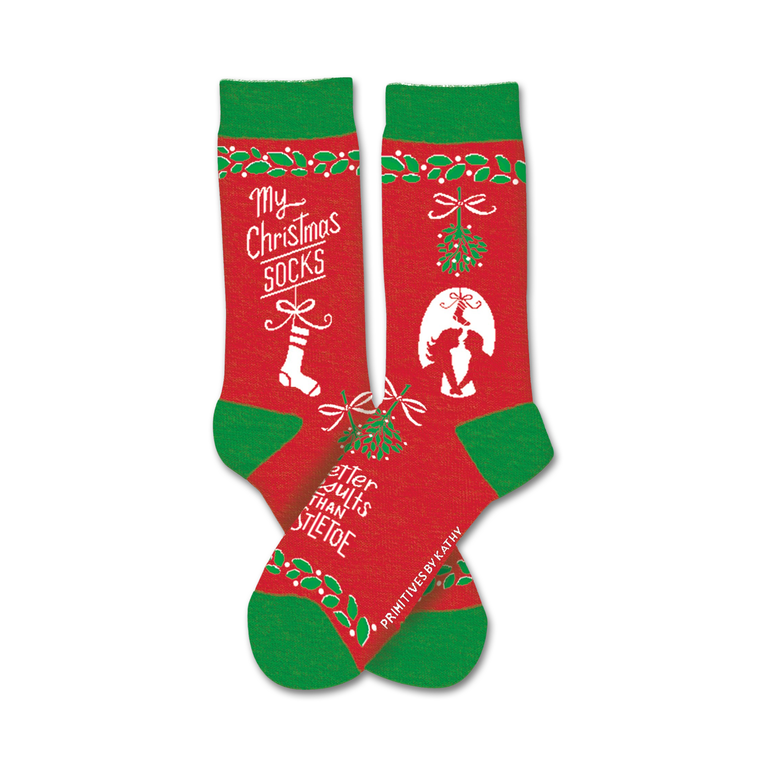 Red and green crew socks with Christmas designs: mistletoe, a kissing couple, and the phrase 'My Christmas Socks'.