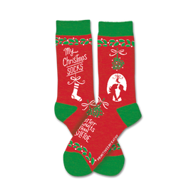 red and green crew socks with my christmas socks text on the side and holly leaf pattern around the top and toe.   
