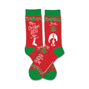 red and green crew socks with my christmas socks text on the side and holly leaf pattern around the top and toe.   