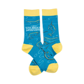Crew socks in teal blue with yellow cuffs.  Narwhal pattern and the text 'I am strange & wonderful'.