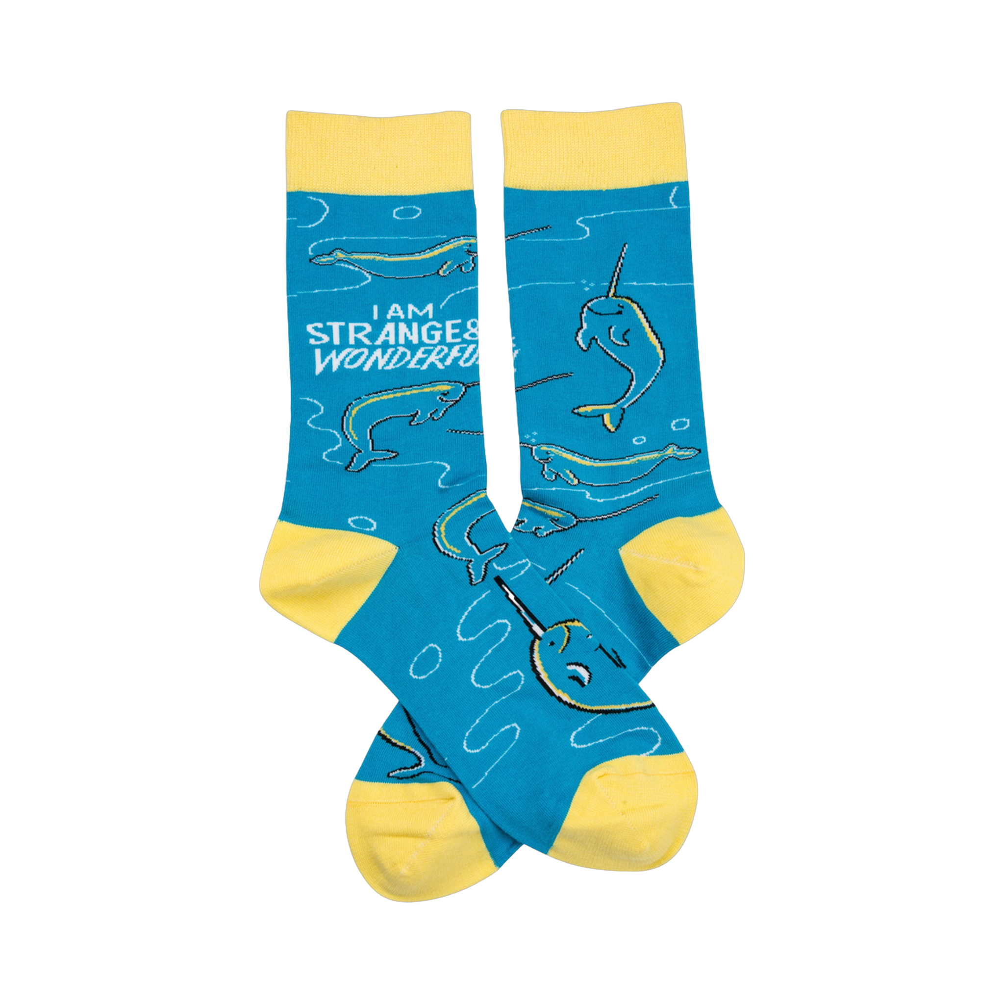 Crew socks in teal blue with yellow cuffs.  Narwhal pattern and the text 'I am strange & wonderful'.