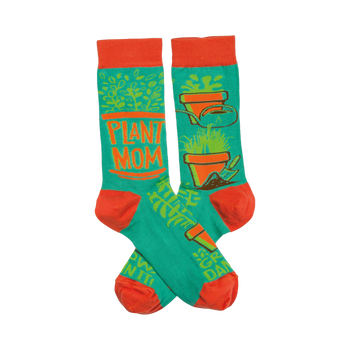 Crew socks in teal and orange.  The design includes potted plants, gardening tools, and the words 'Plant Mom'.