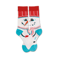 A pair of crew socks featuring a whimsical snowman design. The socks are primarily white with red, teal, and black accents.