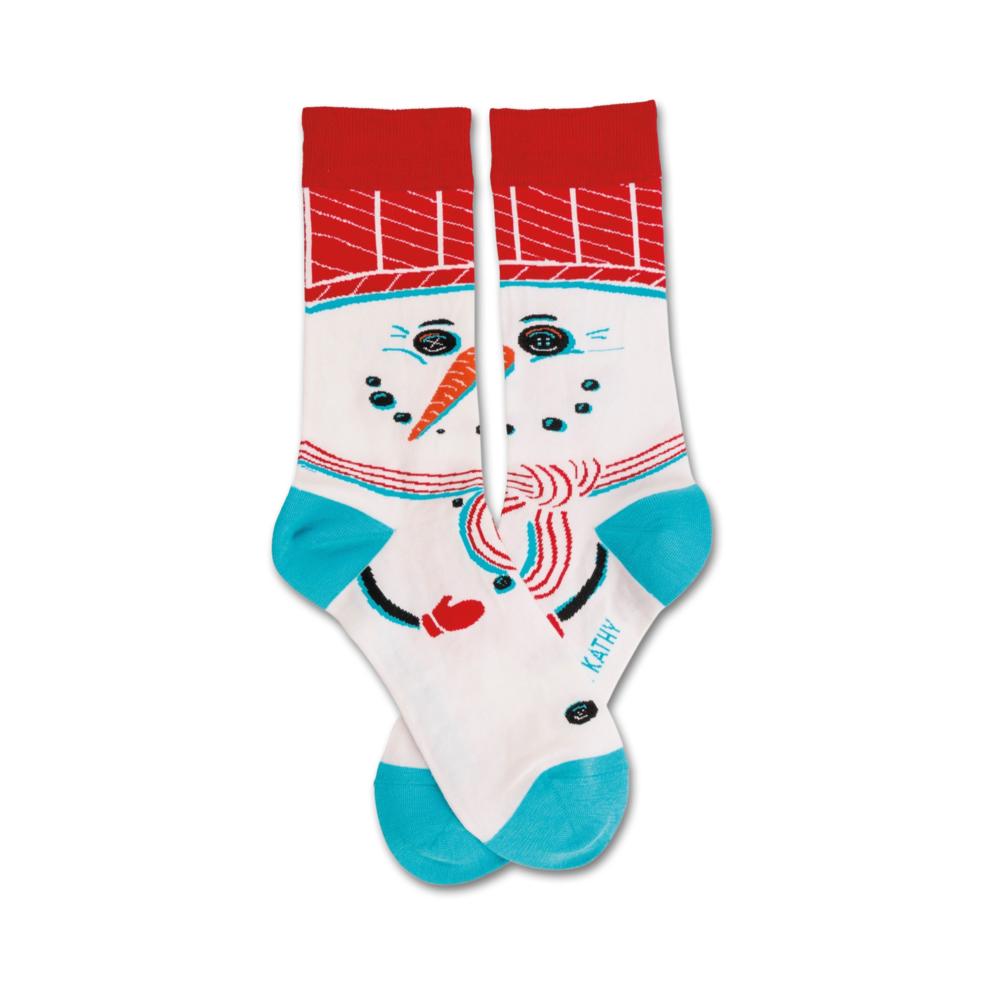 A pair of crew socks featuring a whimsical snowman design. The socks are primarily white with red, teal, and black accents.