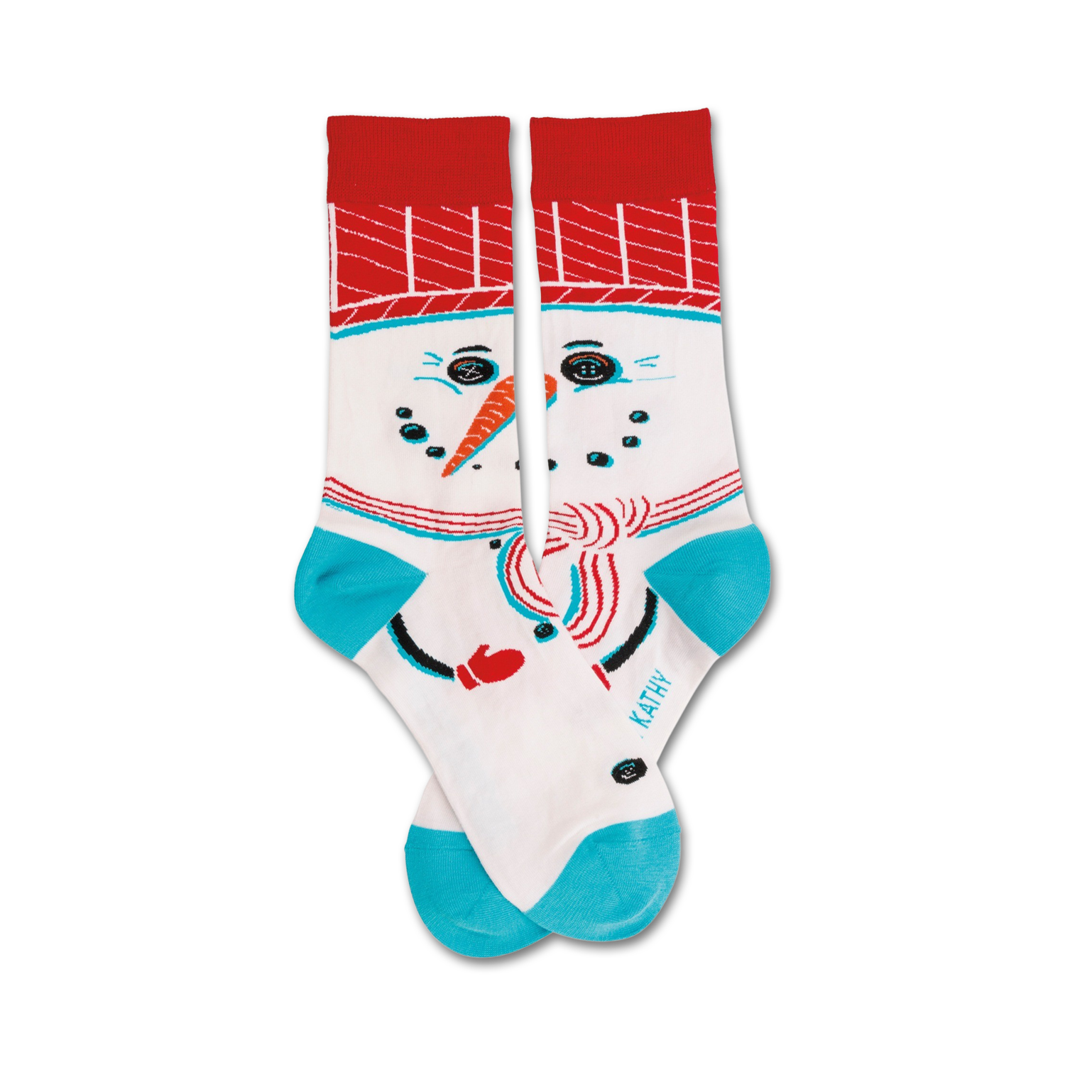 A pair of crew socks featuring a whimsical snowman design. The socks are primarily white with red, teal, and black accents.