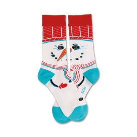 snowman-patterned white crew socks for men and women. red hats, blue scarves, black coal faces, orange carrot noses.    