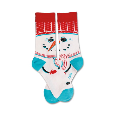 snowman-patterned white crew socks for men and women. red hats, blue scarves, black coal faces, orange carrot noses.    