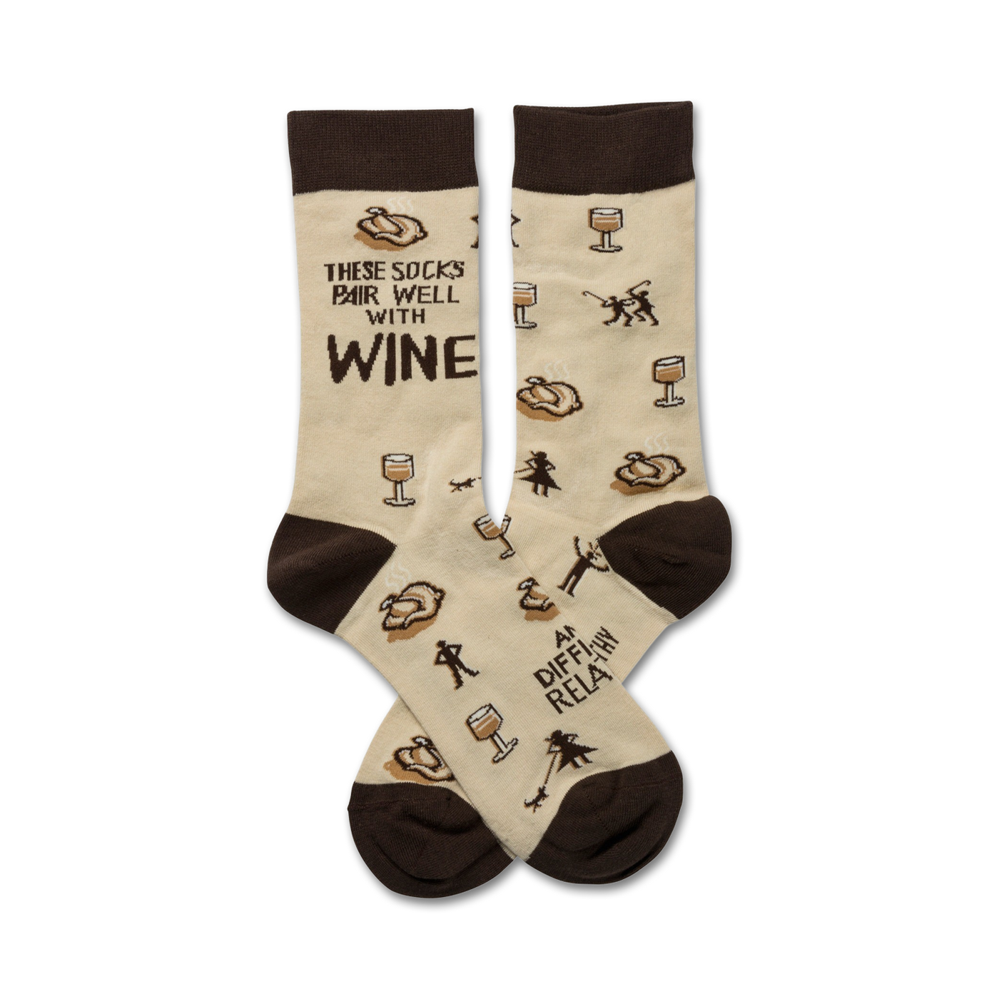 Cream crew socks with brown cuffs and whimsical illustrations of wine glasses, turkeys, and people. Text reads: 'These socks pair well with wine'.