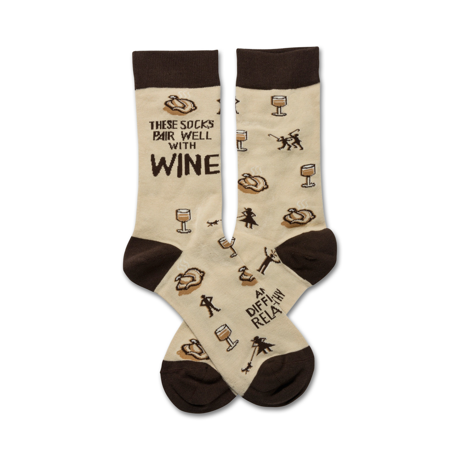 Cream crew socks with brown cuffs and whimsical illustrations of wine glasses, turkeys, and people. Text reads: 'These socks pair well with wine'.